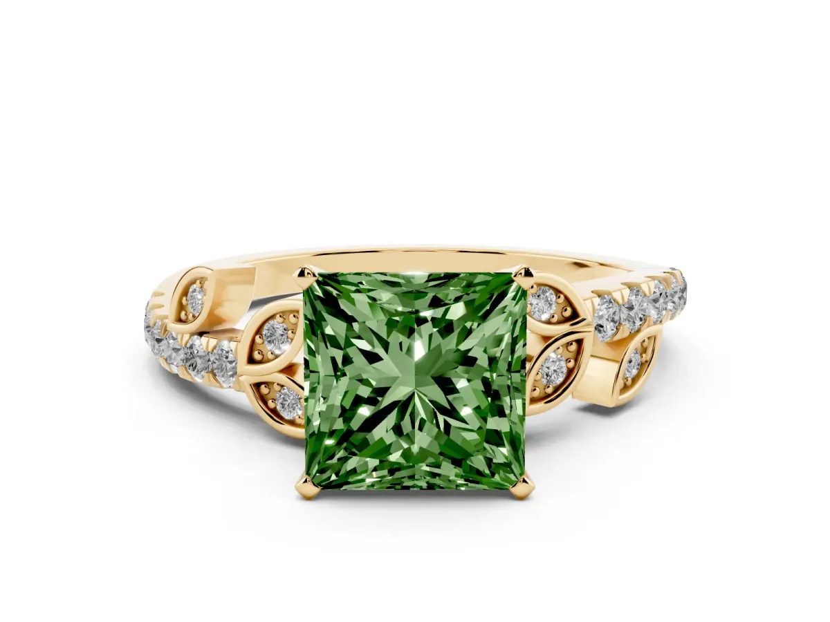 Fancy Green Princess Cut Solitaire Leaf-Inspired Diamond Ring with Pavé Band and Four-Prong Setting Yellow gold