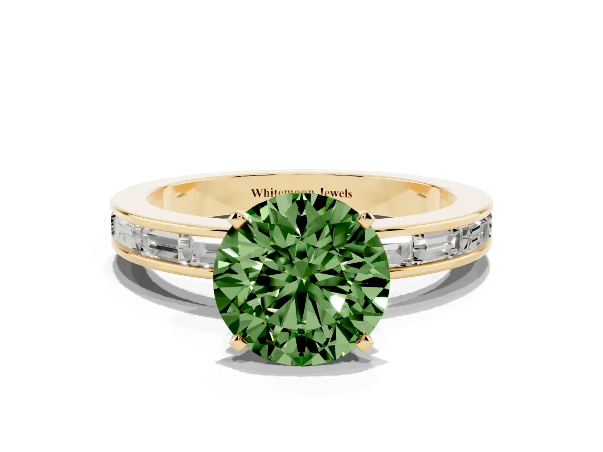 Fancy Green Round Cut Solitaire Diamond Ring with Channel-Set Baguette Band and Four-Prong Setting Yellow gold