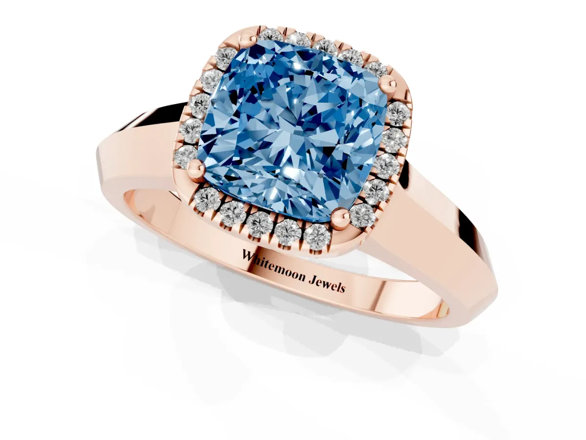 Fancy Blue Cushion Cut Halo Diamond Ring with Cathedral Band and Four-Prong Setting Rose gold