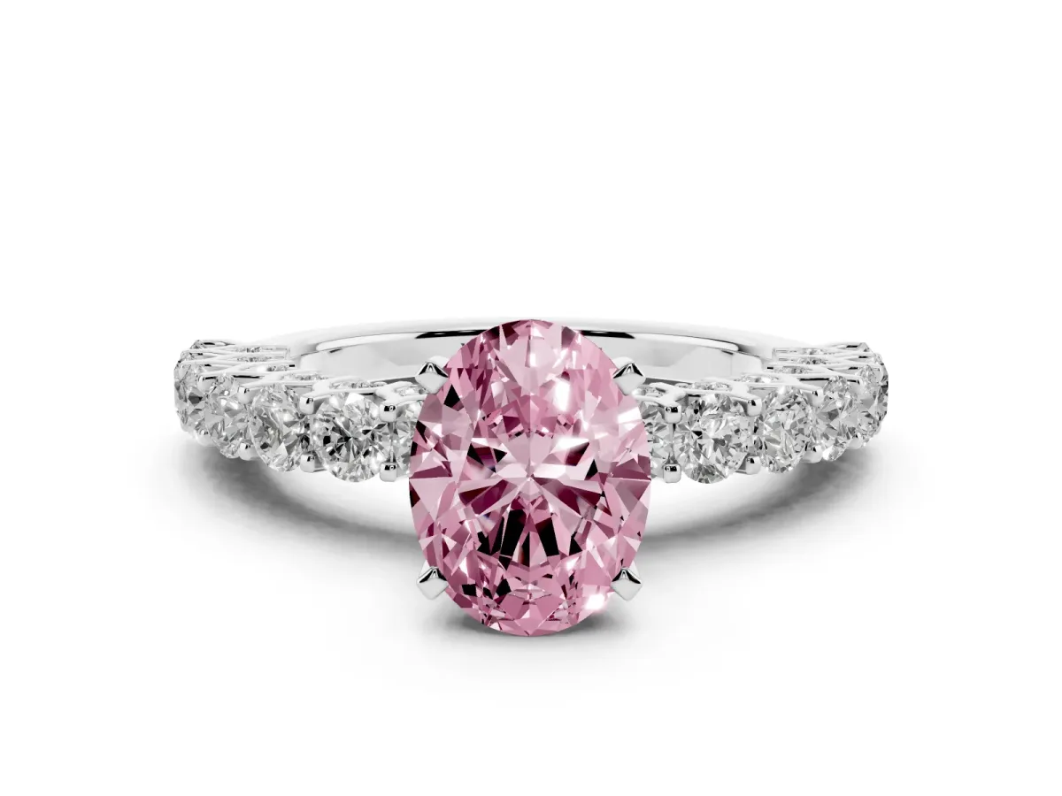Fancy Pink Oval Cut Diamond Solitaire Ring with Shared Prong Pavé Band and Four-Prong Setting Silver