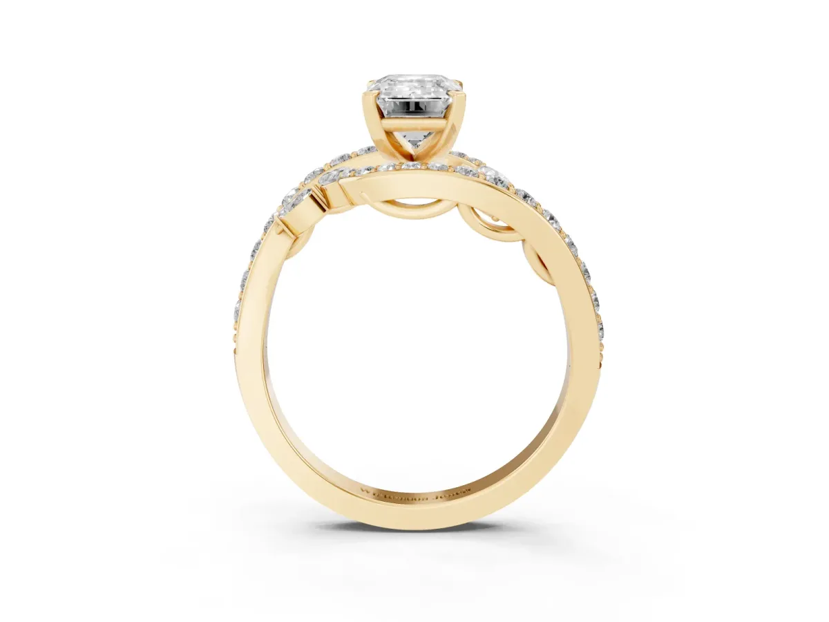 Emerald Cut Solitaire with Pavé Twist Band and Four-Prong Setting Yellow gold