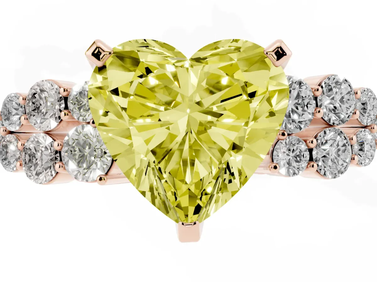 Fancy Yellow Heart Cut Cluster Diamond Engagement Ring with Pavé Band and Four-Prong Setting Rose gold
