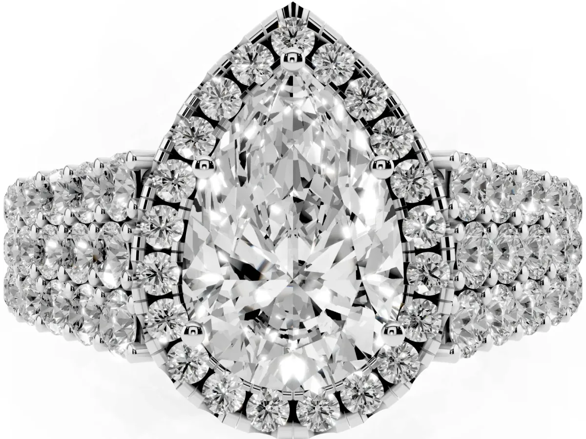 Pear Cut Diamond Halo Engagement Ring with Triple Row Round Pavé Band and Prong Setting Silver