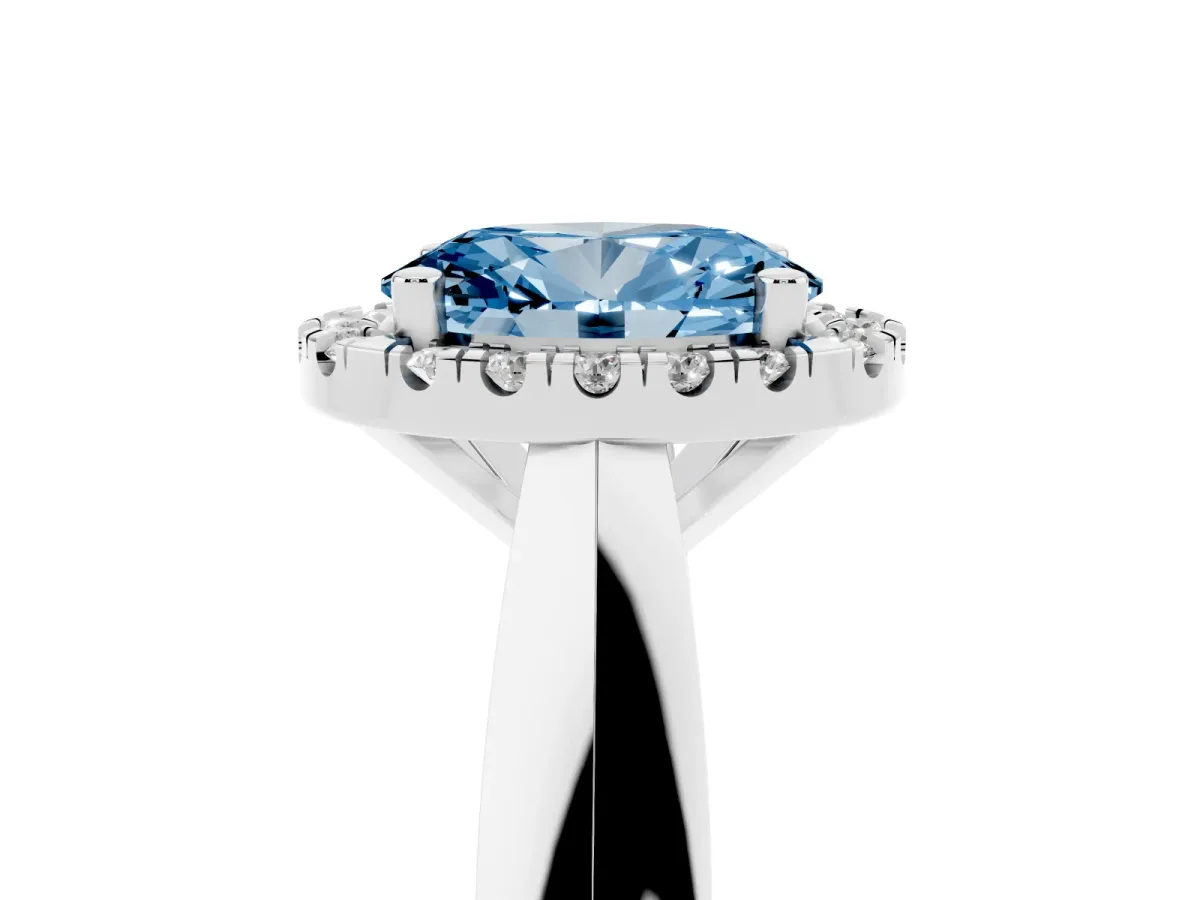 Fancy Blue Oval Cut Cut Halo Solitaire Engagement Ring with Square Band and Four-Prong Setting Silver