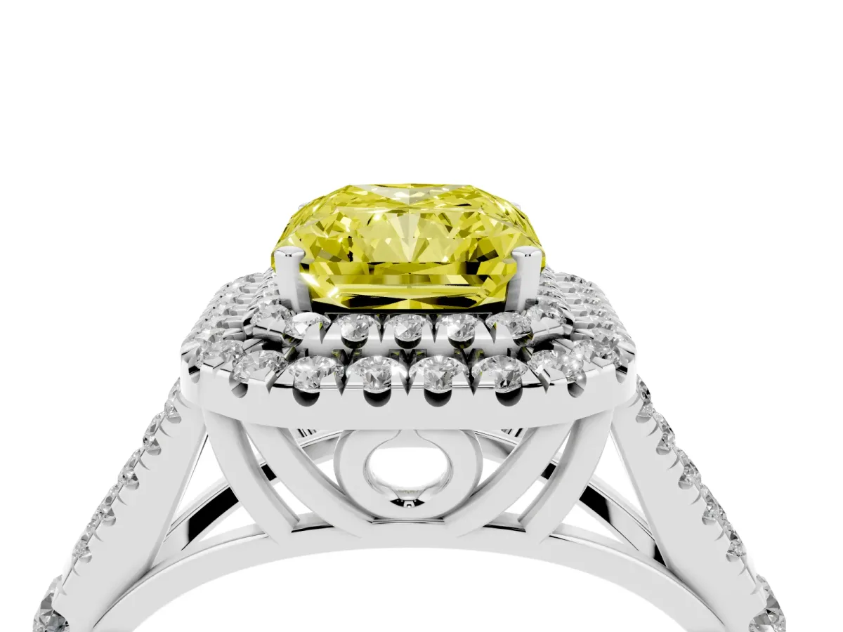 Fancy Yellow Double Halo Radiant Cut Diamond Split Shank Engagement Ring with Four-Prong Setting Silver