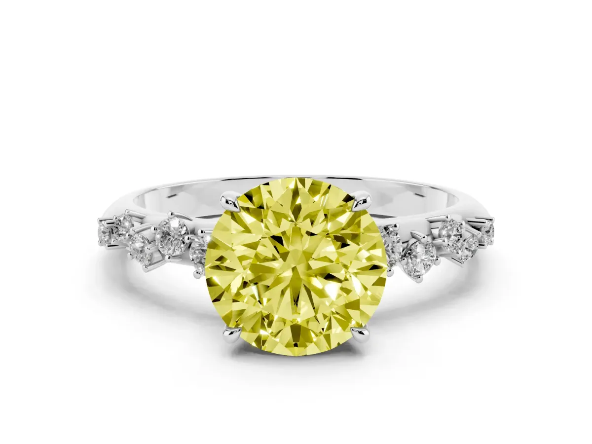 Fancy Yellow Round Cut Diamond Cluster Side Stone Solitaire Ring with Prong Setting Silver