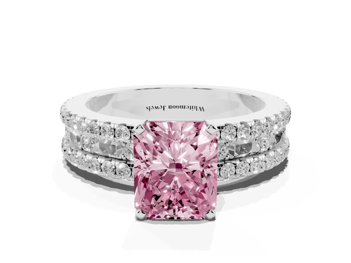 Fancy Pink Radiant Cut Diamond Solitaire Ring with Pavé and Channel Set Band Platinum