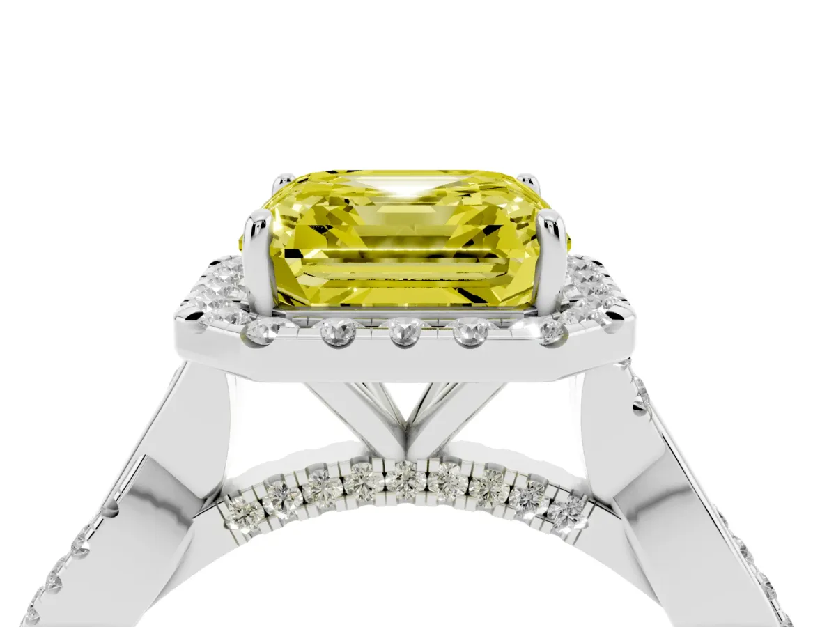 Fancy Yellow Asscher Cut Halo Twist Band Solitaire Ring Silver