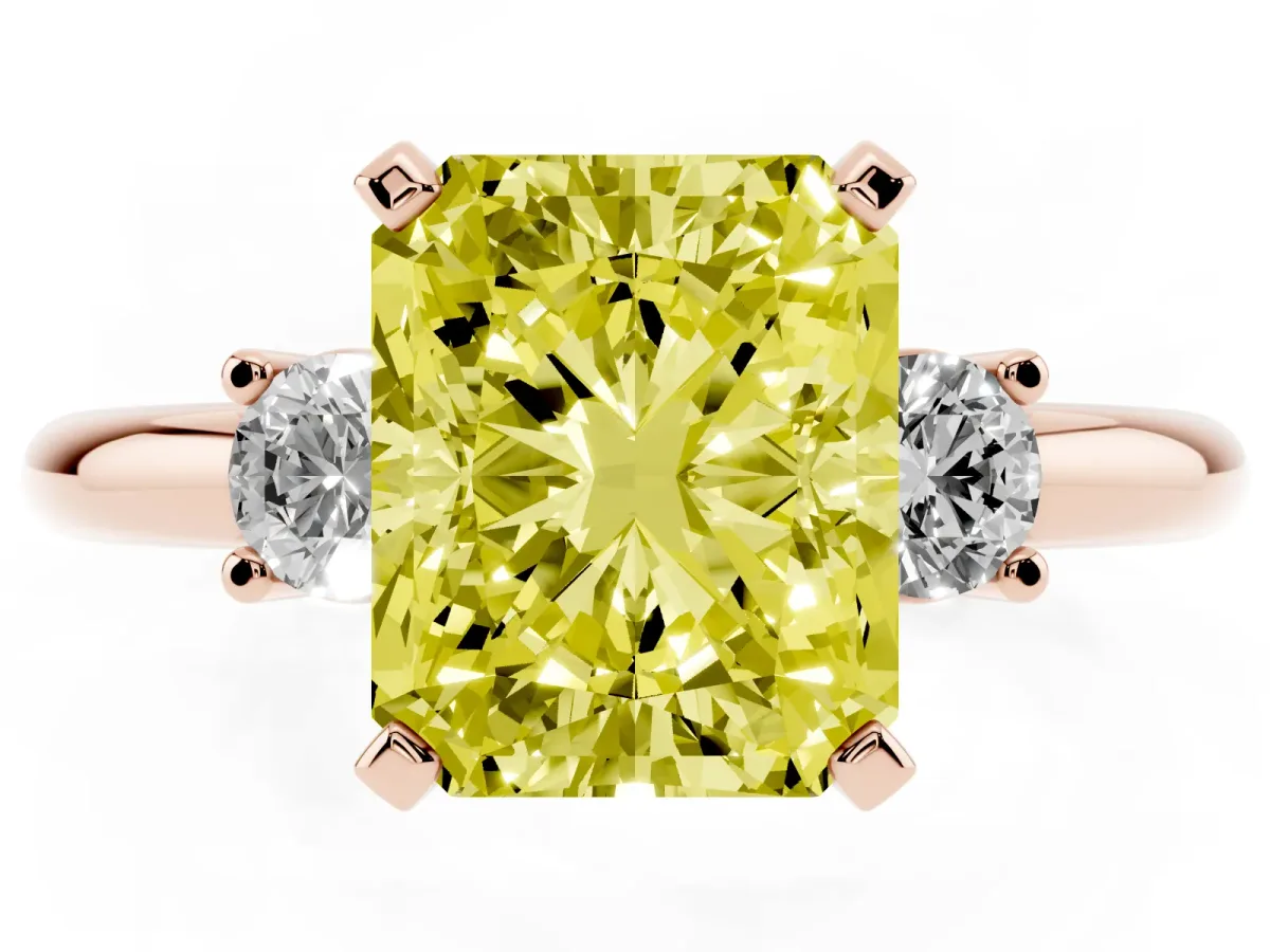 Fancy Yellow Three-Stone Radiant Cut Cut Diamond Solitaire with Prong Setting and Classic Band Rose gold
