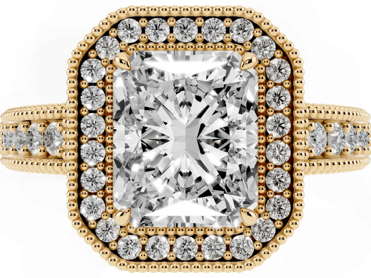 Radiant Cut Cut Halo Diamond Ring with Pavé Band and Four-Prong Setting Yellow gold