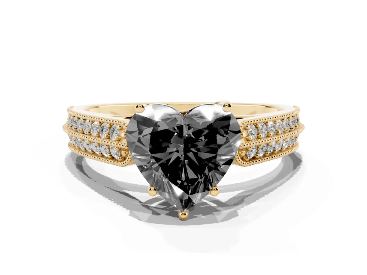 Fancy Black Heart Cut Cut Pave Split Shank Engagement Ring with Four-Prong Setting Yellow gold