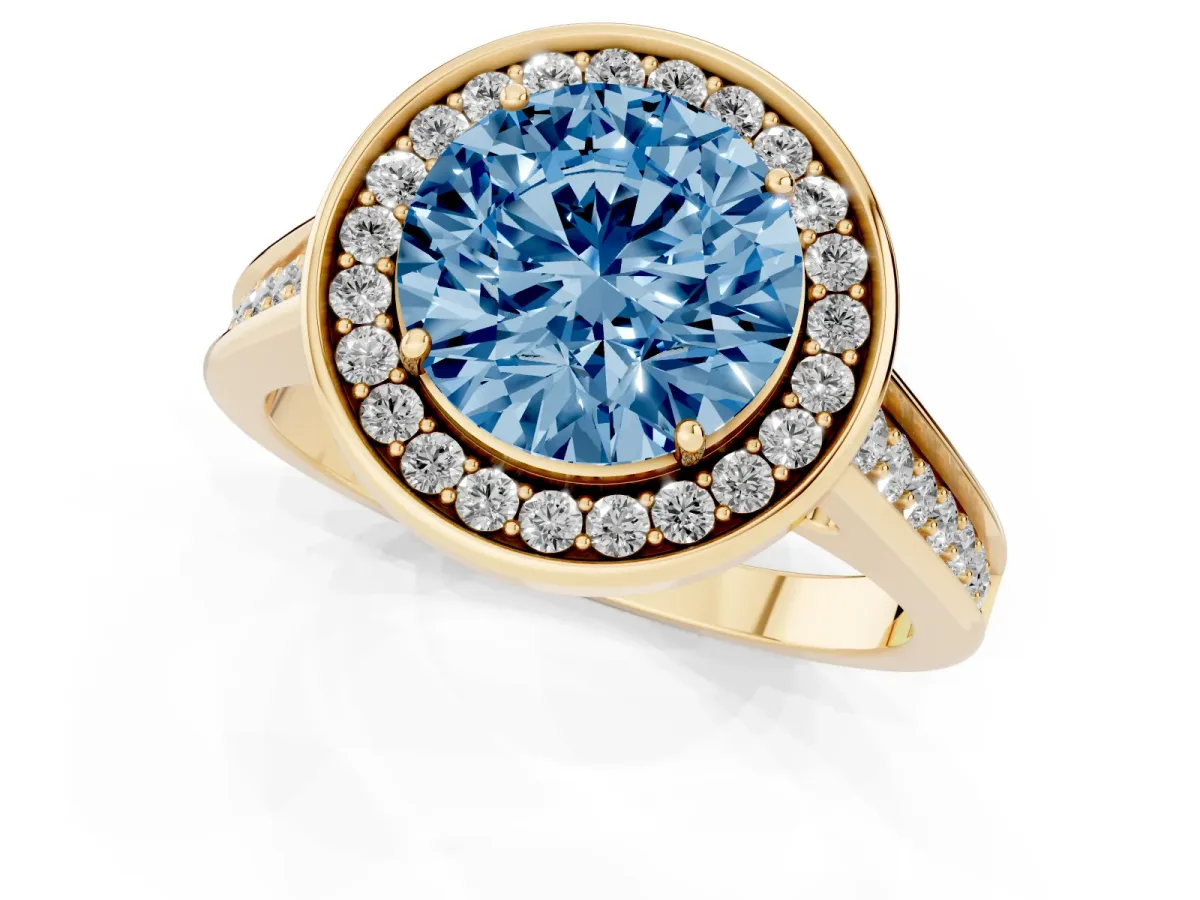 Fancy Blue Round Cut Halo Solitaire Diamond Ring with Pave Band and Bezel Setting Yellow gold