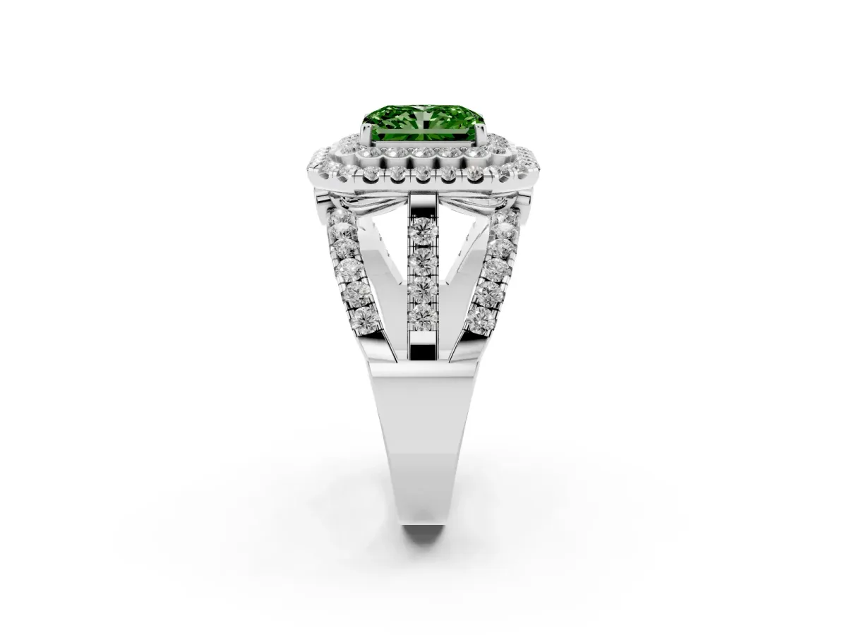 Fancy Green Radiant Cut Diamond Double Halo Ring with Round Pavé Split Shank and Prong Setting Silver