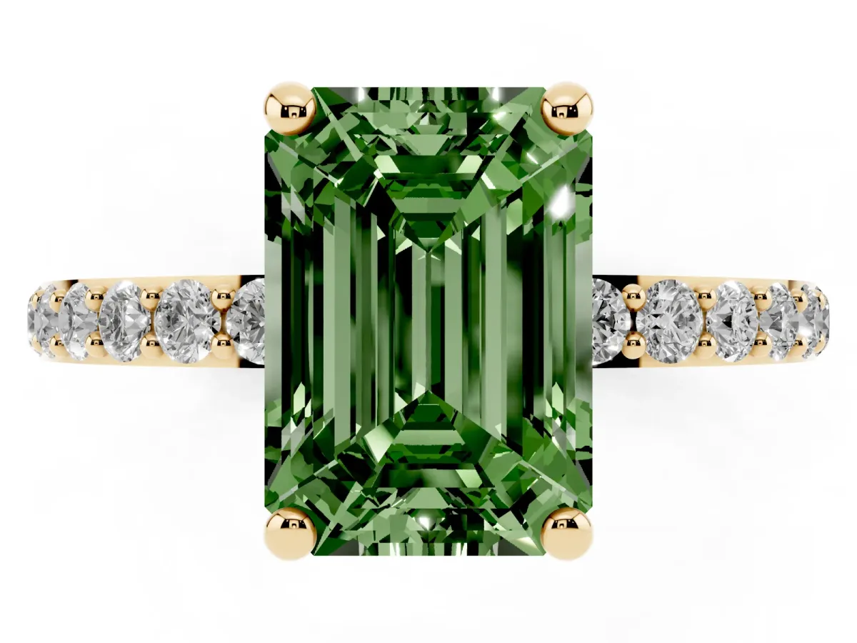 Fancy Green Emerald Cut Diamond Solitaire Ring with Round Pavé Band and Prong Setting Yellow gold