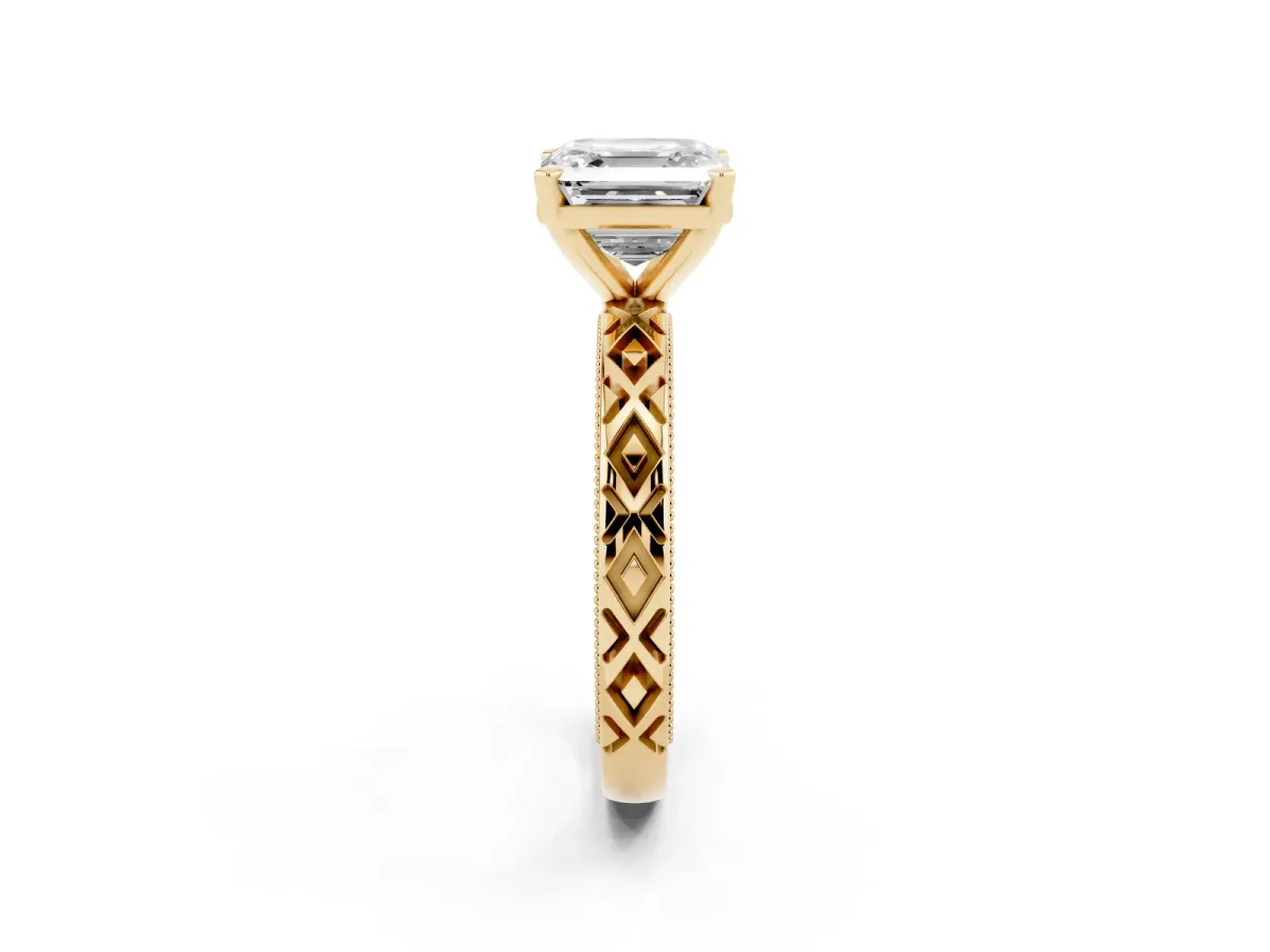 Asscher Cut Solitaire Diamond Ring with Milgrain and Black Enamel X Pattern Band Yellow gold