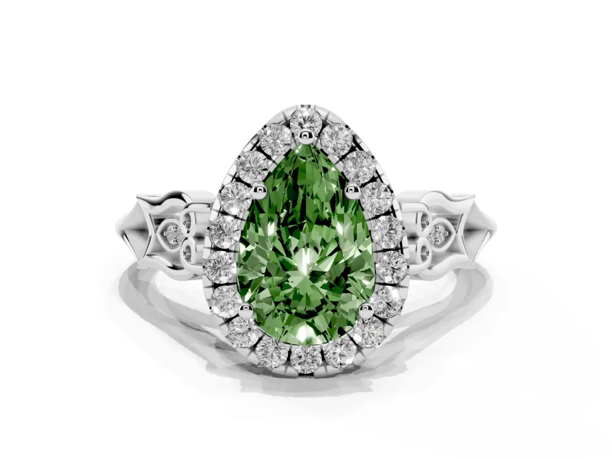 Fancy Green Pear Cut Halo Diamond Engagement Ring with Filigree Band and Four-Prong Setting White gold