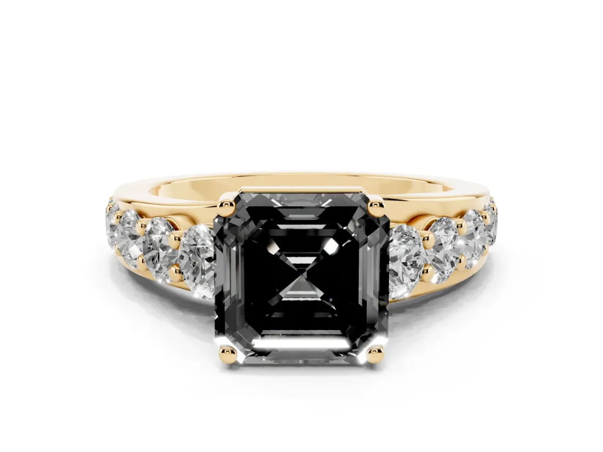 Fancy Black Asscher Cut Diamond Engagement Ring with Pavé Band and Four-Prong Setting Yellow gold