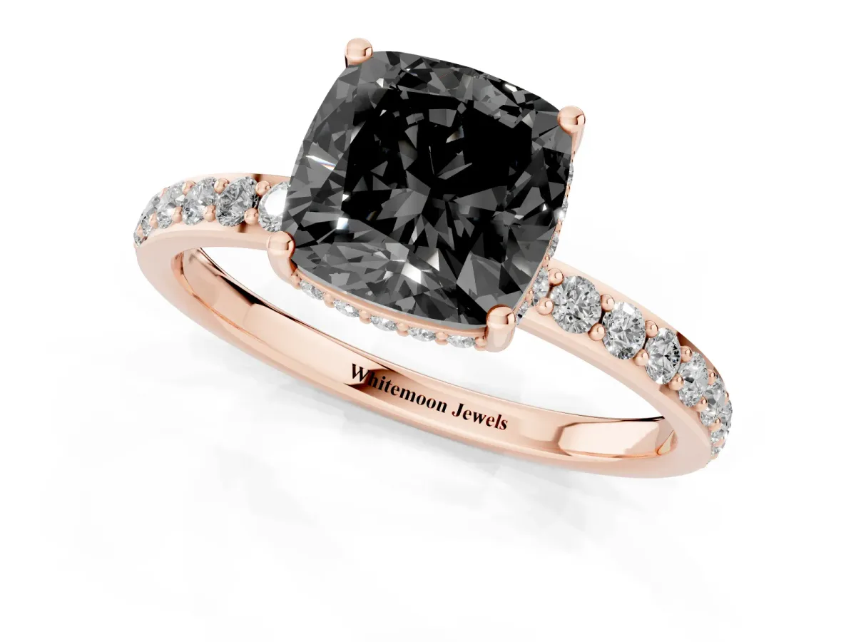 Fancy Black Cushion Cut Diamond Solitaire Ring with Pavé Band and Hidden Halo Rose gold