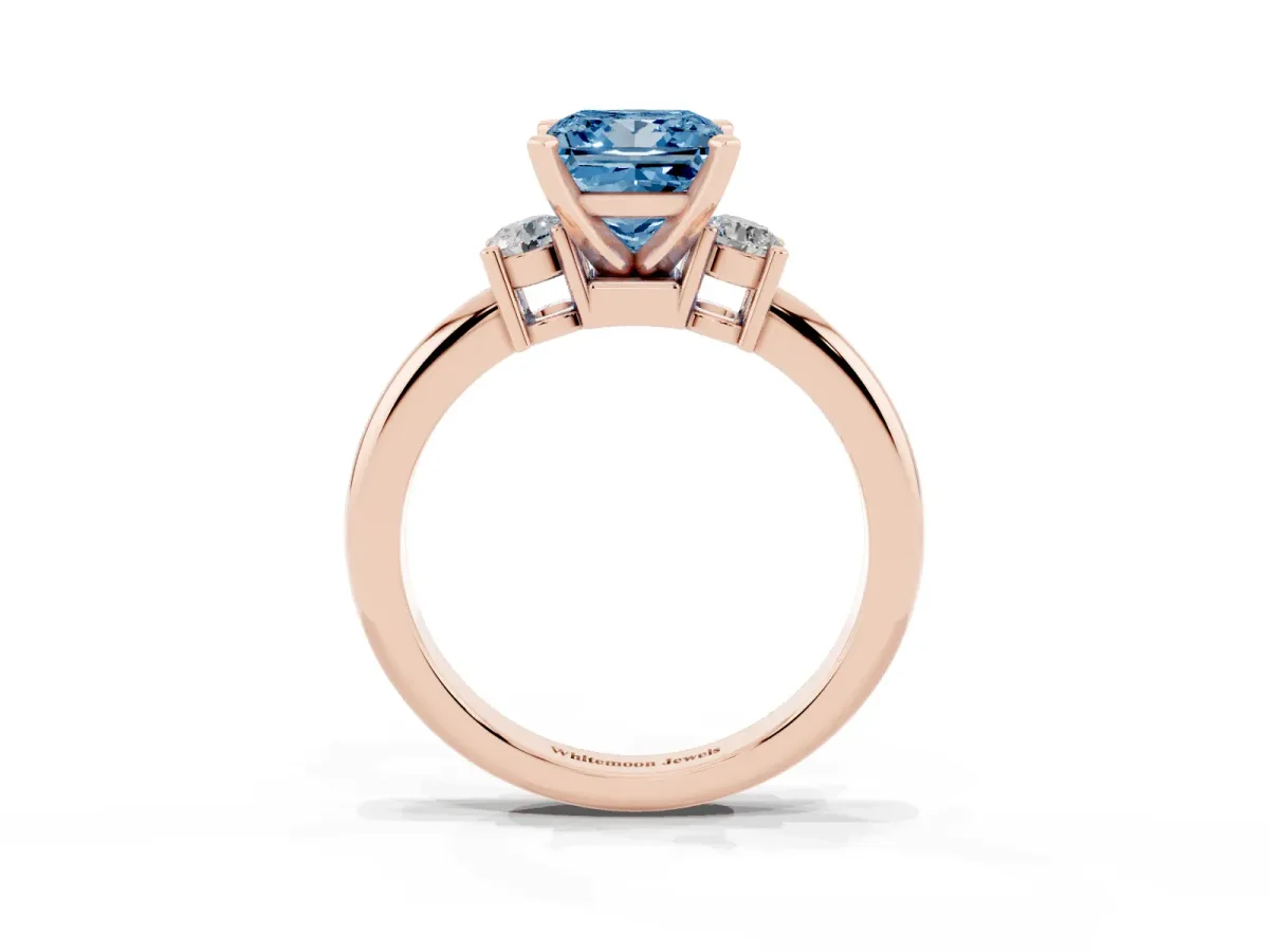 Fancy Blue Three-Stone Princess Cut Cut Diamond Solitaire with Prong Setting and Classic Band Rose gold