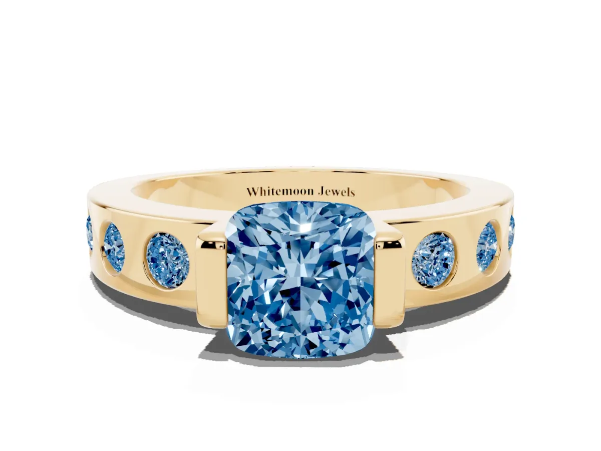 Fancy Blue Cushion Cut Brilliant Channel-Set Diamond Ring with Bezel Prong Setting Yellow gold