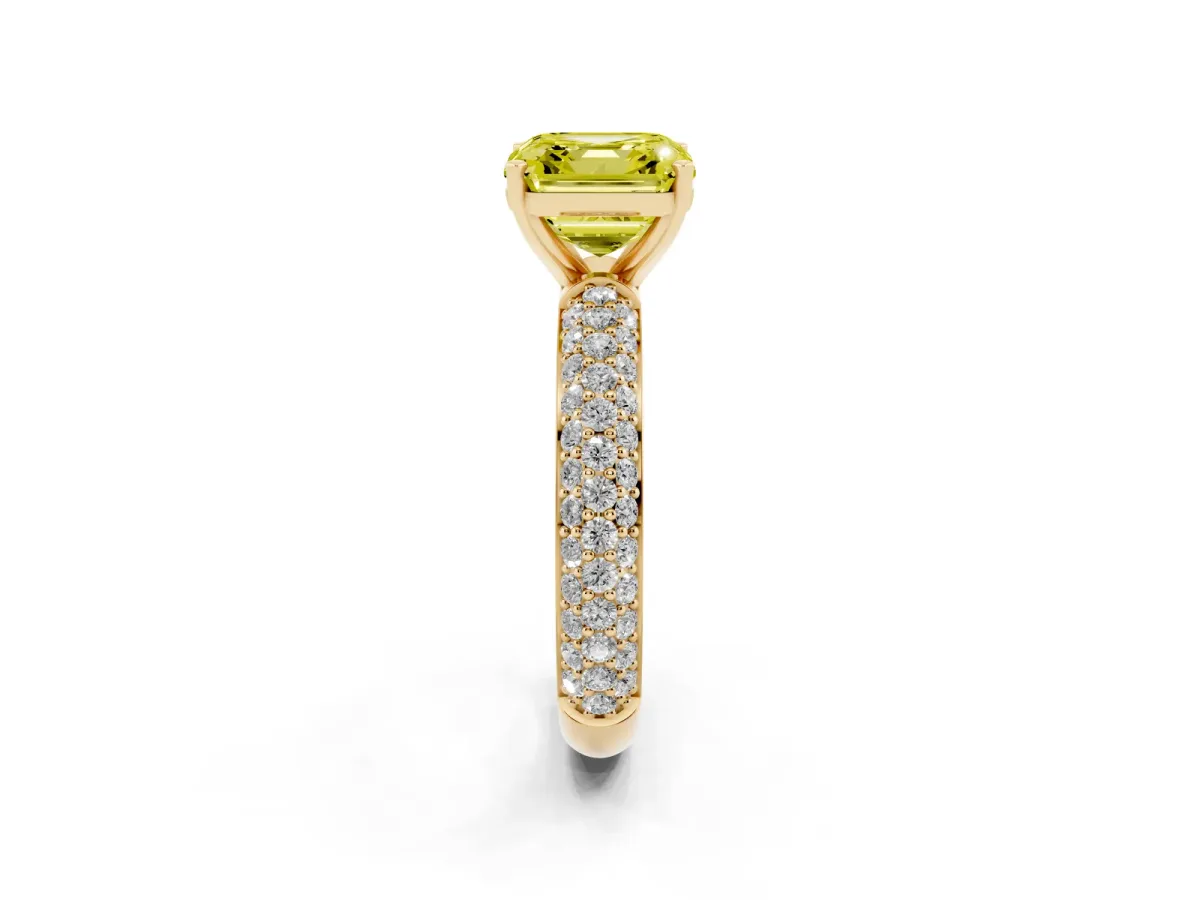 Fancy Yellow Asscher Cut Diamond Solitaire Ring with Prong Setting and Pavé Band Yellow gold