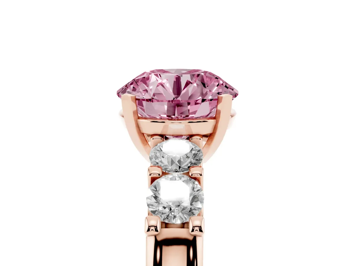 Fancy Pink Round Cut Brilliant Cut Diamond Five-Stone Prong Set Engagement Ring with Channel Band Rose gold
