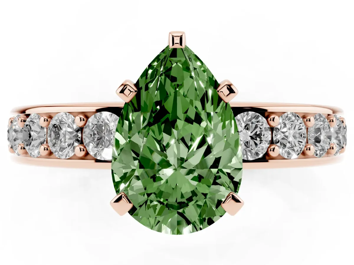 Fancy Green Pear Cut Diamond Engagement Ring with Channel Set Round Band and Prong Setting Rose gold