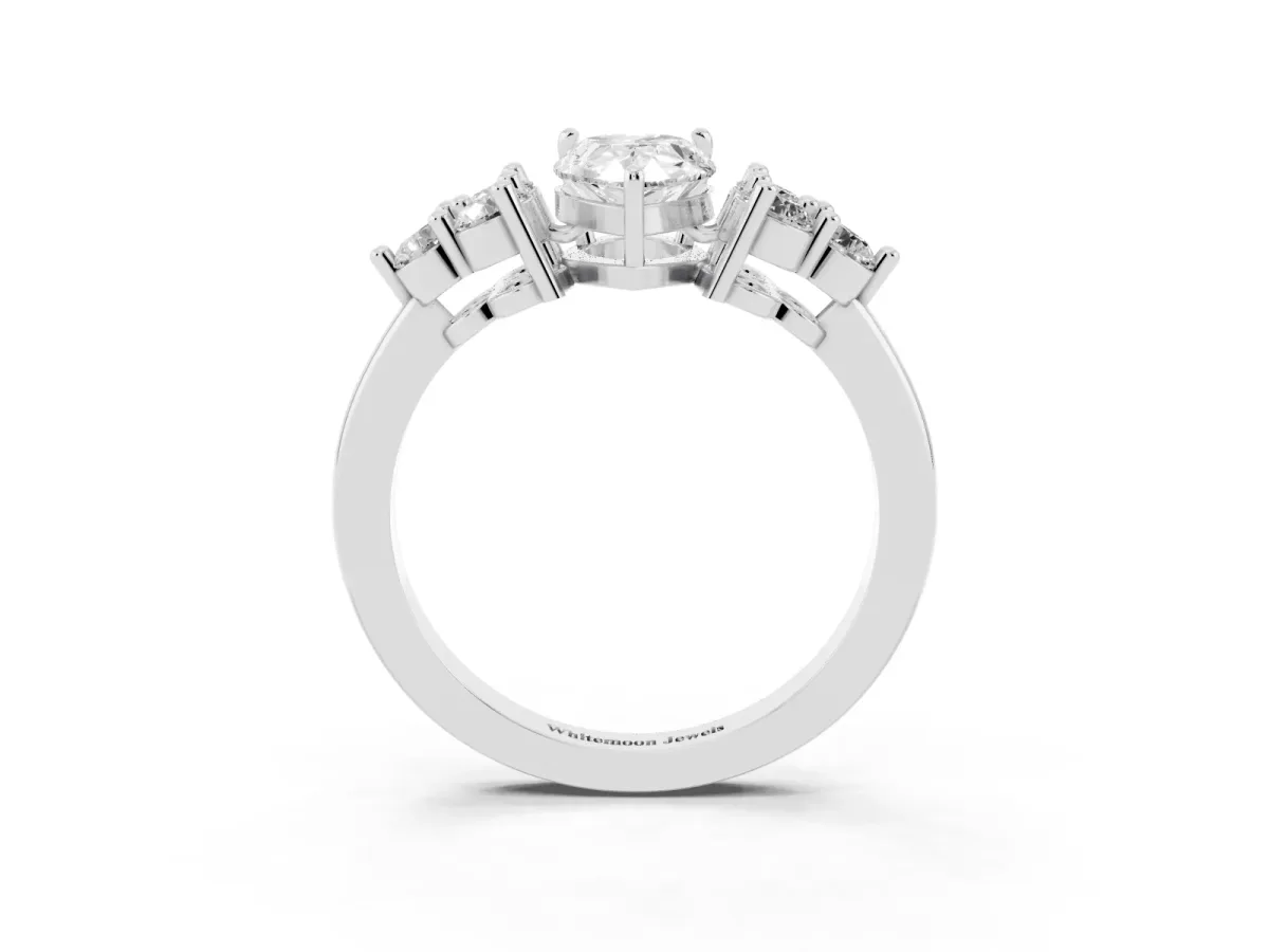 Pear Cut Brilliant Diamond Cluster Accent Solitaire Ring with Prong Setting Silver