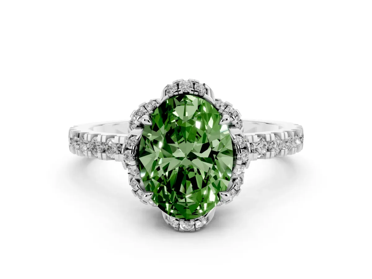 Fancy Green Oval Cut Halo Diamond Pave Band Ring with Four-Prong Setting Silver