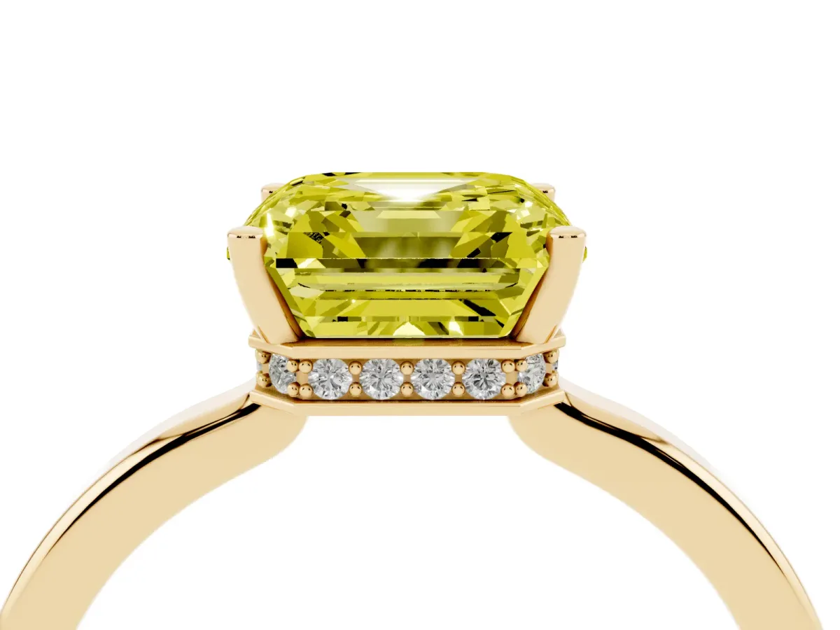 Fancy Yellow Asscher Cut Cut Solitaire Engagement Ring with Four-Prong Setting on a Classic Band Yellow gold