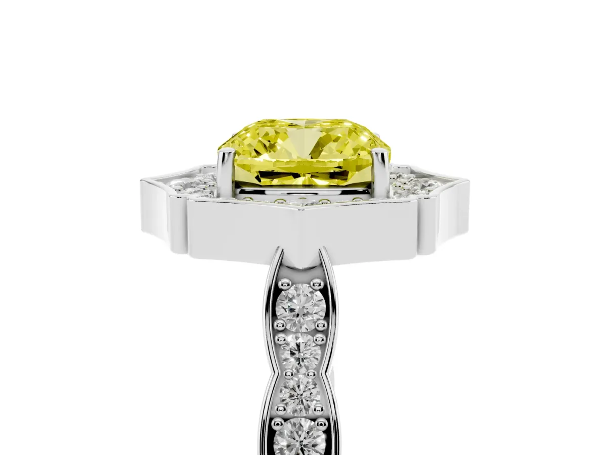 Fancy Yellow Cushion Cut Halo Diamond Engagement Ring with Milgrain Band and Four-Prong Setting Silver