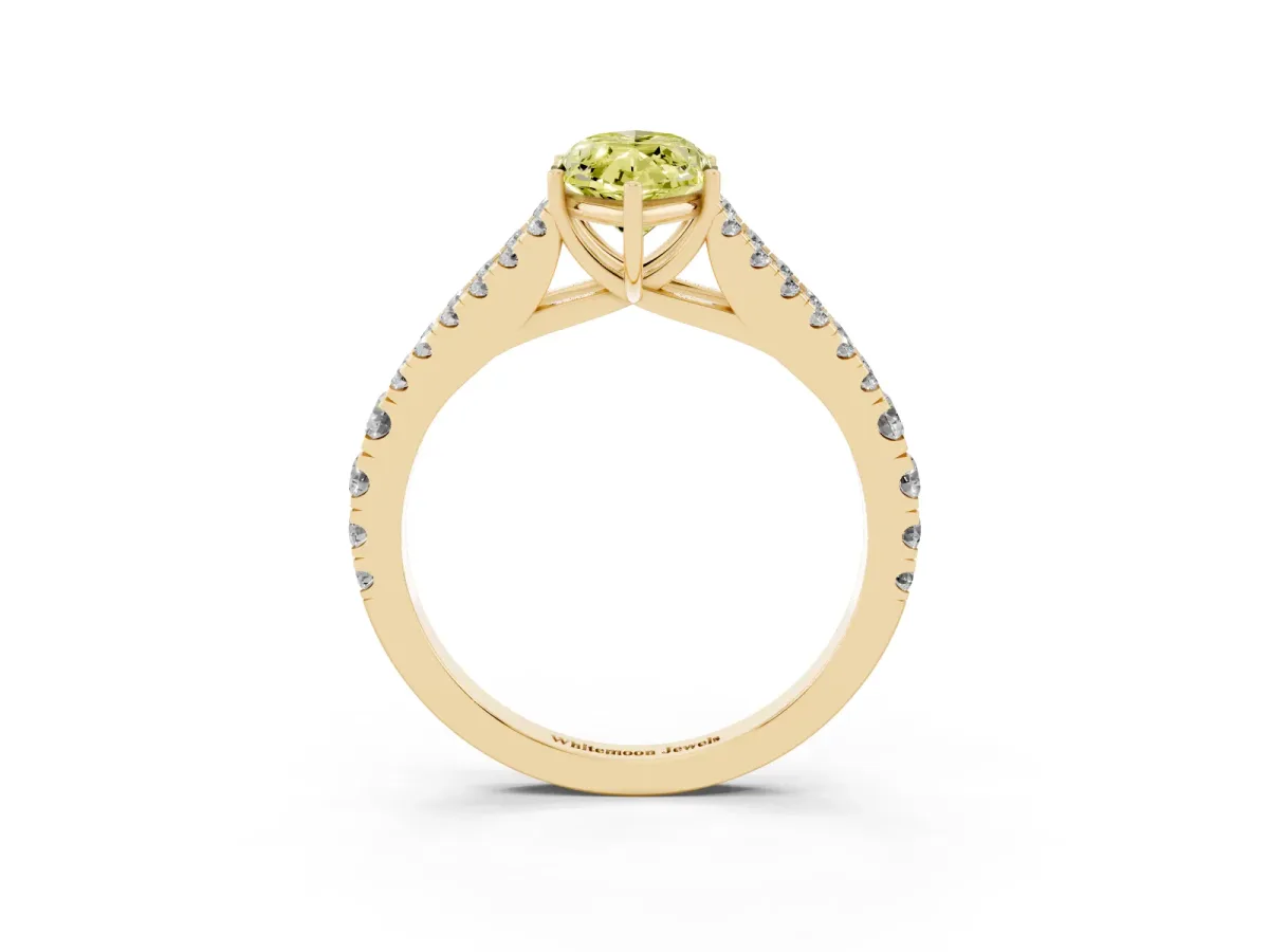 Fancy Yellow Marquise Cut Diamond Split Shank Engagement Ring with Round Pavé and Prong Setting Yellow gold