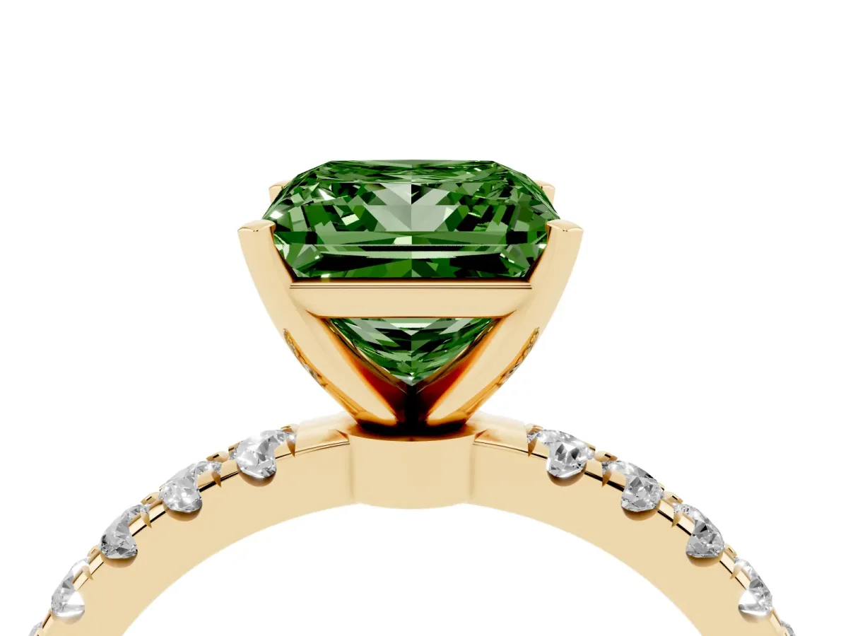 Fancy Green Princess Cut Diamond Solitaire Ring with Pavé Accents and Four-Prong Setting Yellow gold