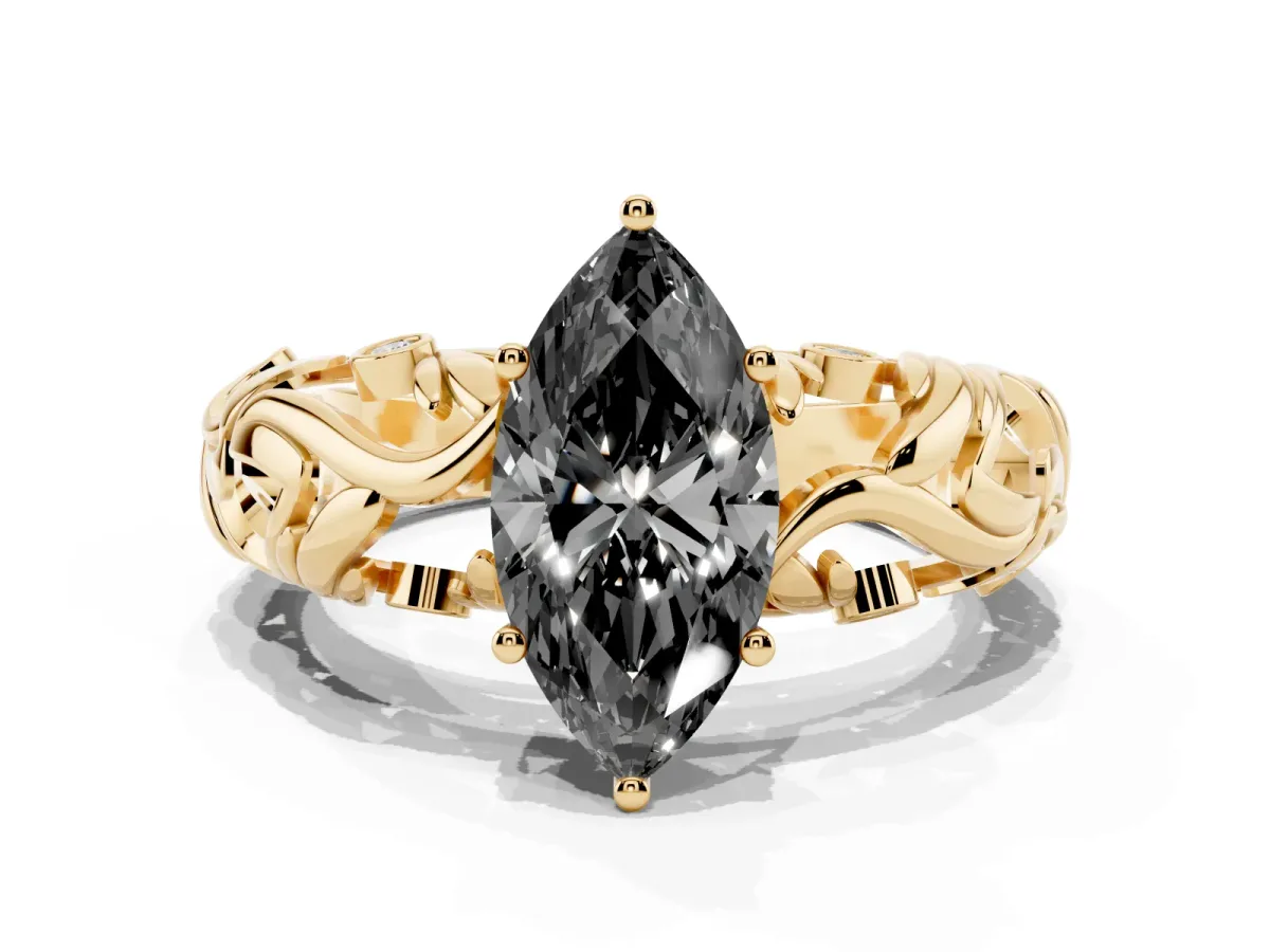 Fancy Black Marquise Cut Solitaire Diamond Leaf-Inspired Vine Band Ring with Prong Setting Yellow gold