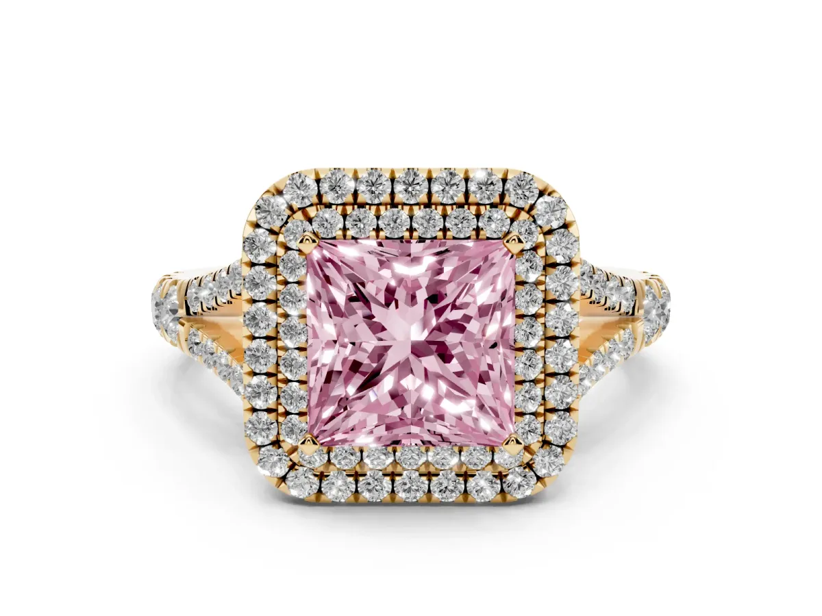 Fancy Pink Princess Cut Cut Double Halo Split Shank Diamond Ring with Prong Setting Yellow gold