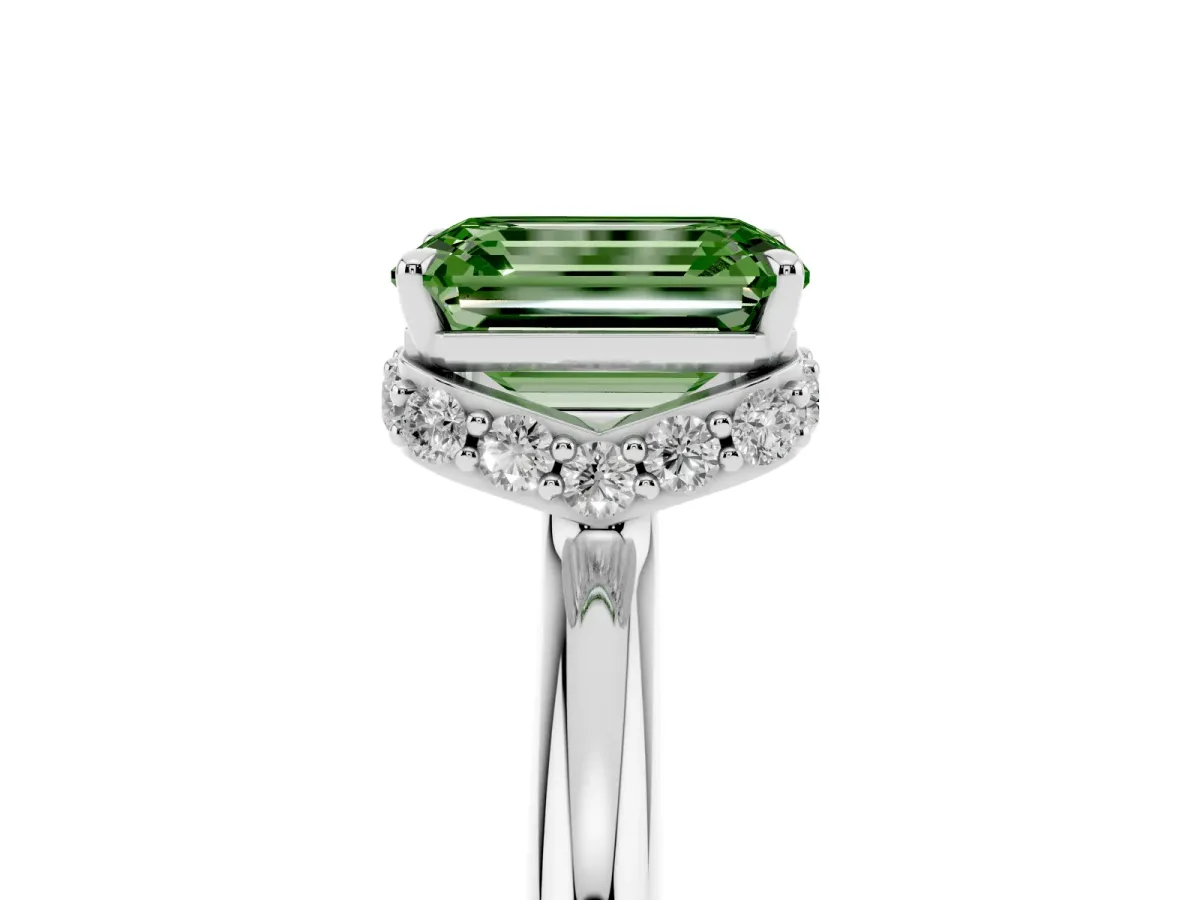 Fancy Green Emerald Cut Brilliant Solitaire Engagement Ring with Six-Prong Setting and Classic Band Silver