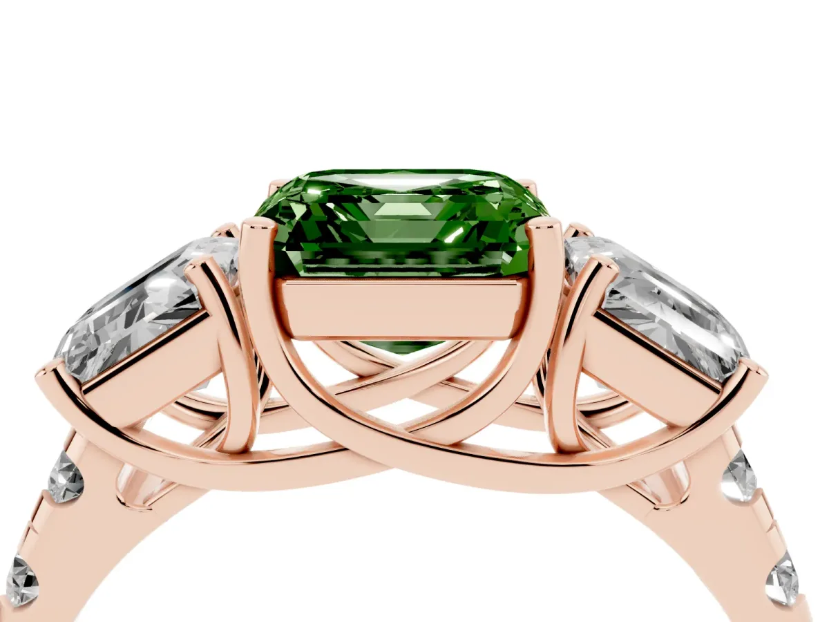 Fancy Green Three-Stone Asscher Cut Diamond Pavé Band with Prong Setting Rose gold