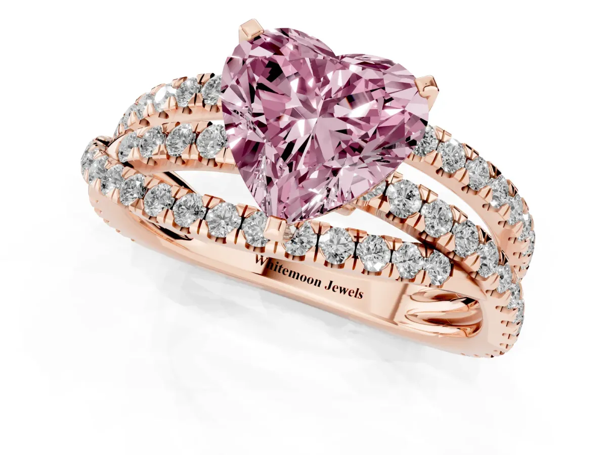 Fancy Pink Heart Cut Solitaire Twist Band with Pavé Setting and Four-Prong Setting Rose gold