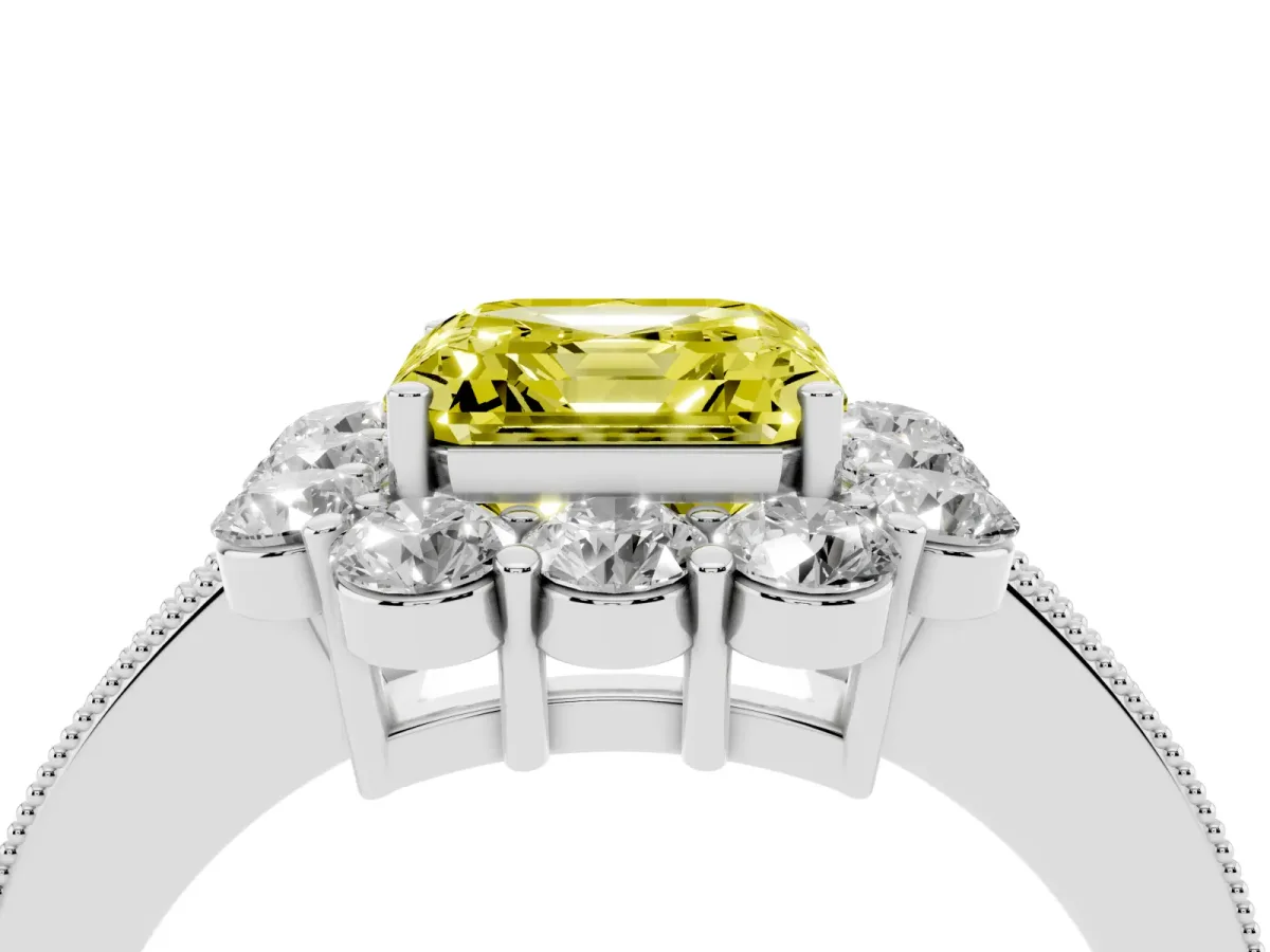Fancy Yellow Asscher Cut Cut Halo Diamond Pavé Engagement Ring with Milgrain Detailing Platinum