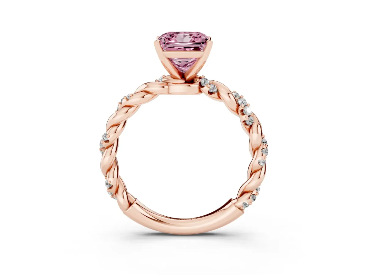 Fancy Pink Princess Cut Diamond Solitaire Ring with Twisted Band and Pavé Accents Rose gold