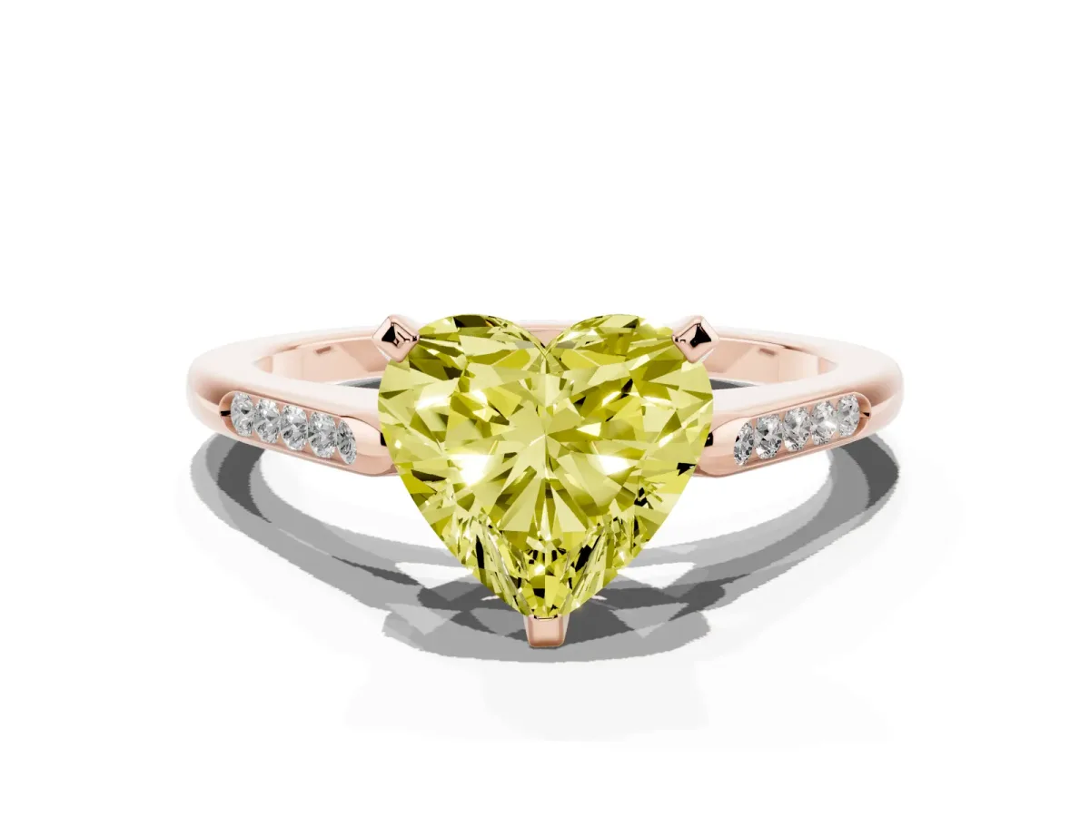 Fancy Yellow Heart Cut Diamond Solitaire Ring with Channel Set Round Band and Prong Setting Rose gold
