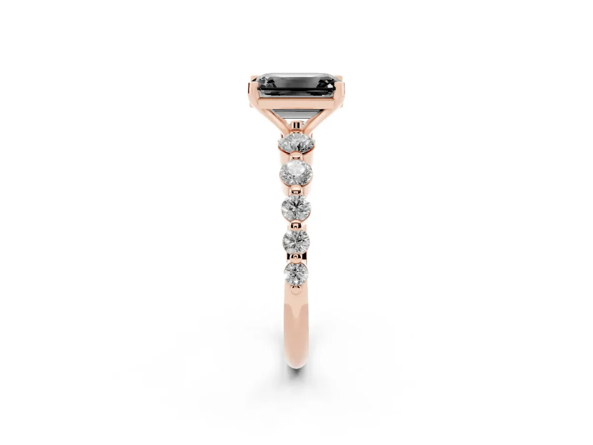 Fancy Black Emerald Cut Solitaire Diamond Ring with Pave Band and Four-Prong Setting Rose gold