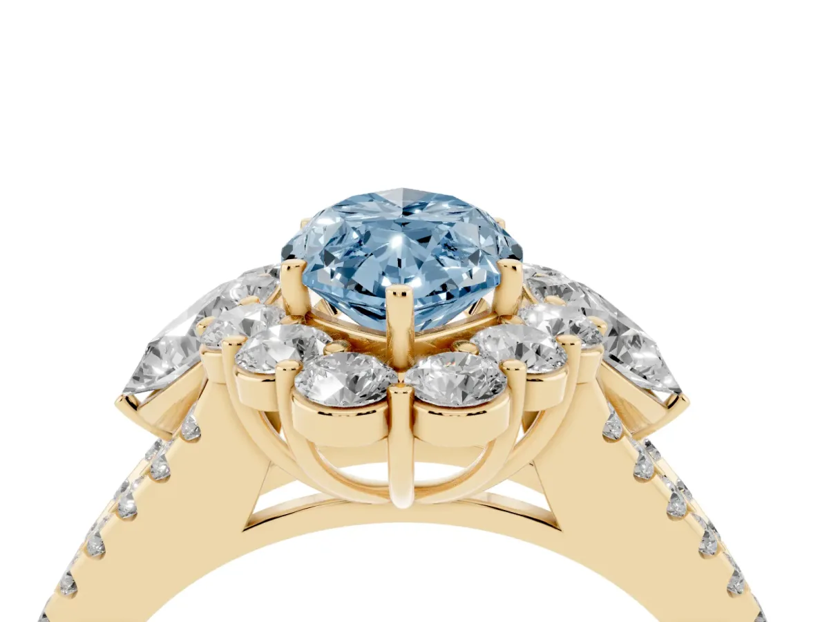 Fancy Blue Marquise Cut Halo Split Shank Diamond Engagement Ring with Prong Setting Yellow gold