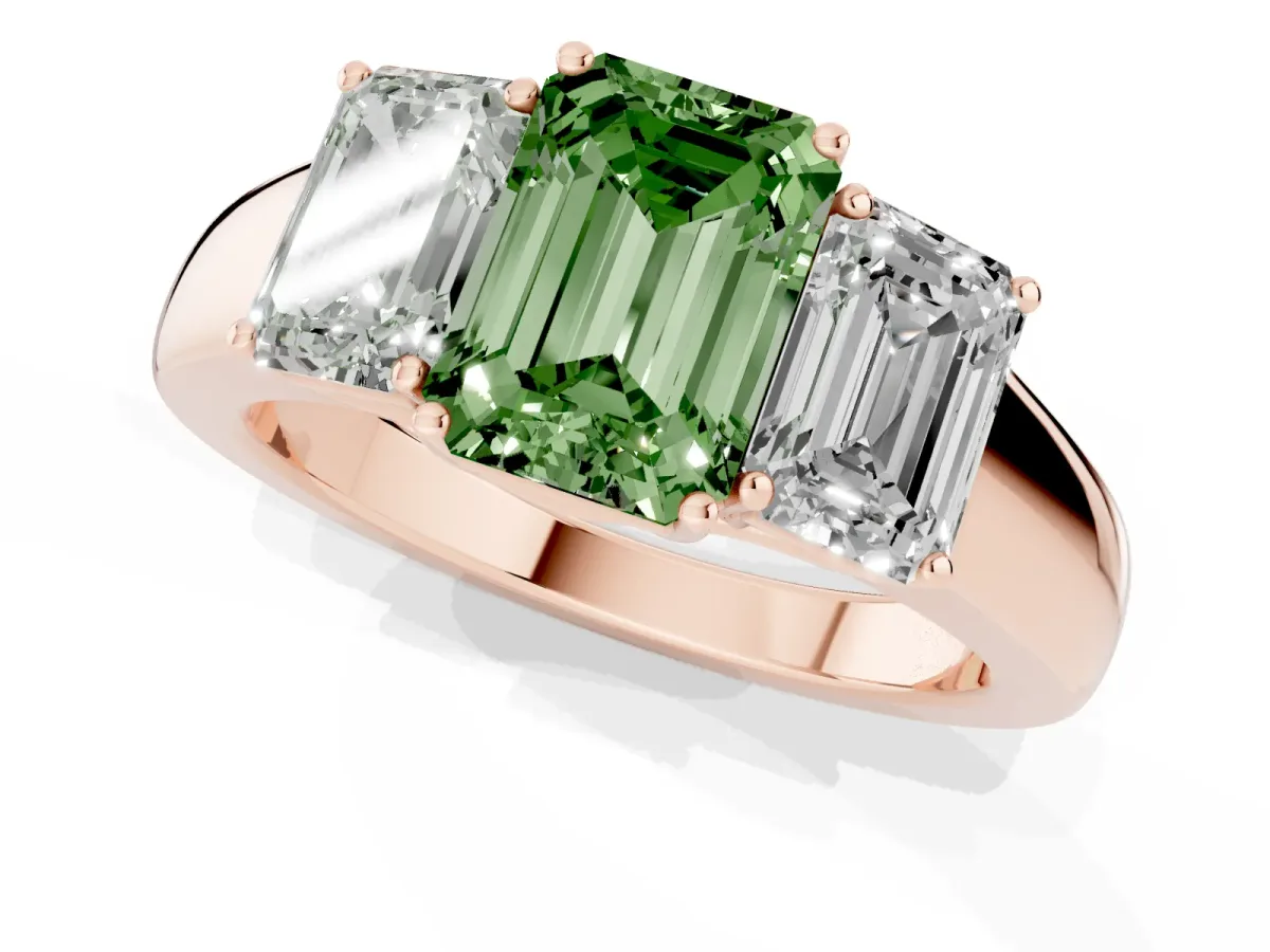 Fancy Green Three-Stone Emerald Cut Cut Diamond Ring with Prong Setting and Classic Band Rose gold