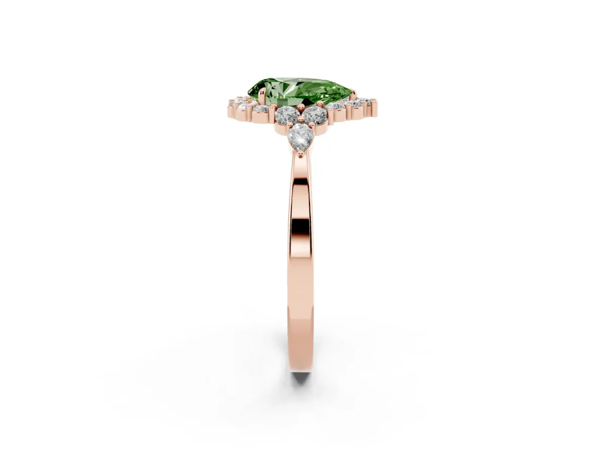 Fancy Green Pear Cut Diamond Halo Ring with Pear Side Stones and Prong Setting Rose gold