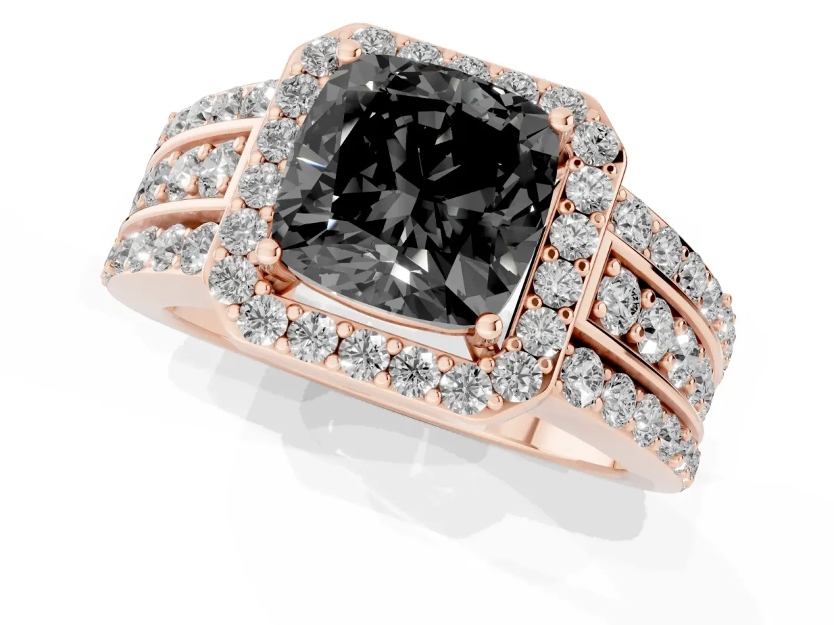 Fancy Black Cushion Cut Halo Diamond Ring with Round Split Shank and Prong Setting Rose gold