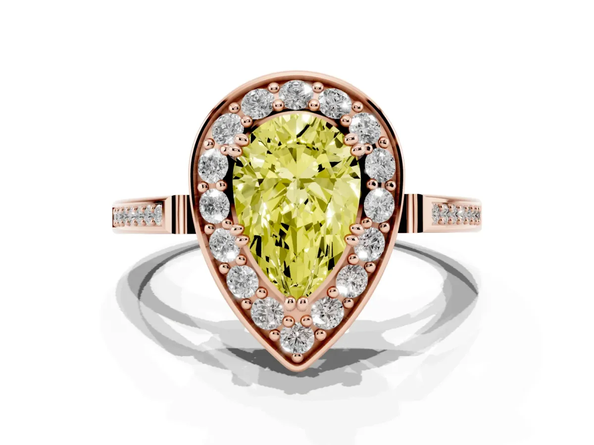 Fancy Yellow Pear Cut Diamond Halo Ring with Split Shank and Four-Prong Setting Rose gold