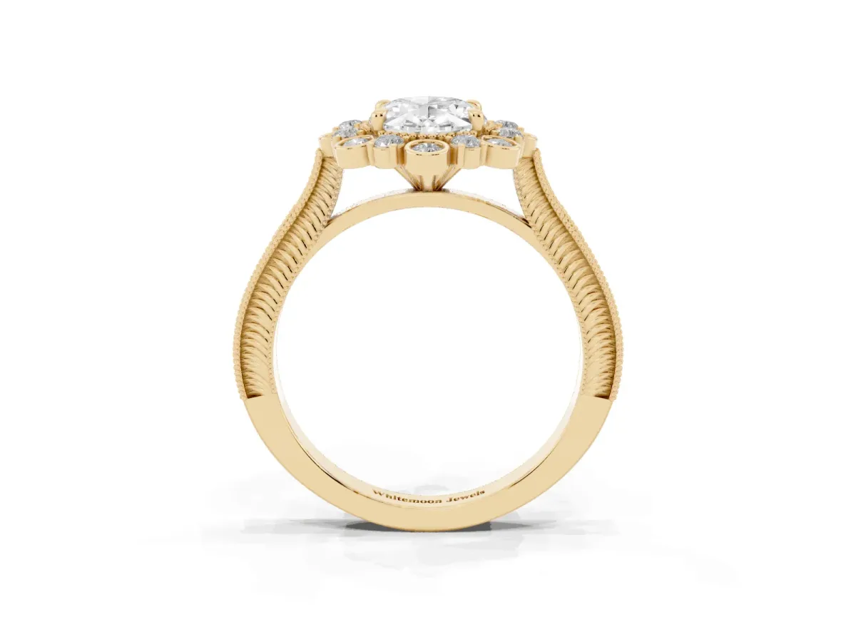 Oval Cut Halo Milgrain Pave Diamond Ring with Four-Prong Setting Yellow gold