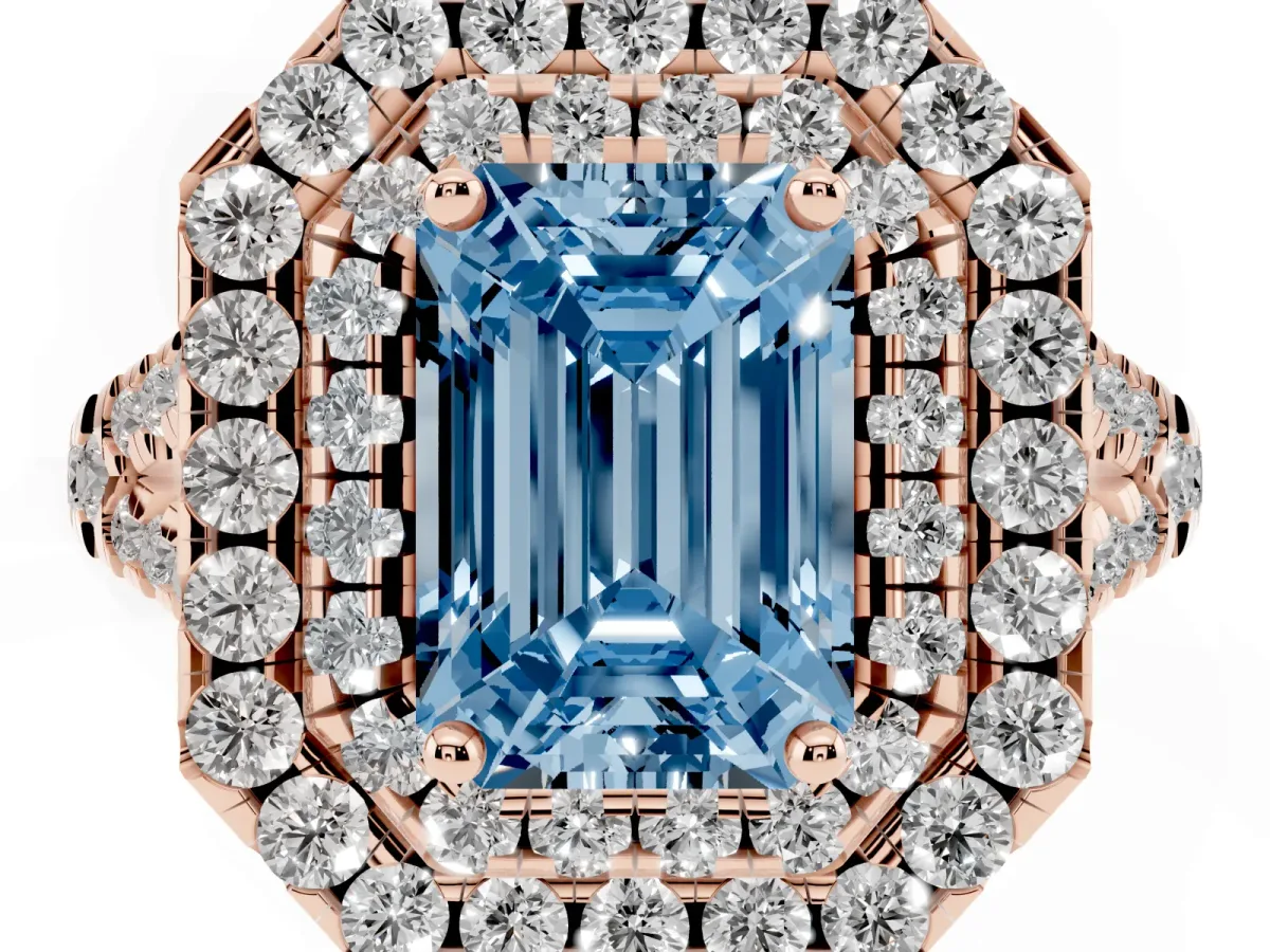 Fancy Blue Double Halo Emerald Cut Diamond Pavé Split Shank Ring with Prong Setting Rose gold