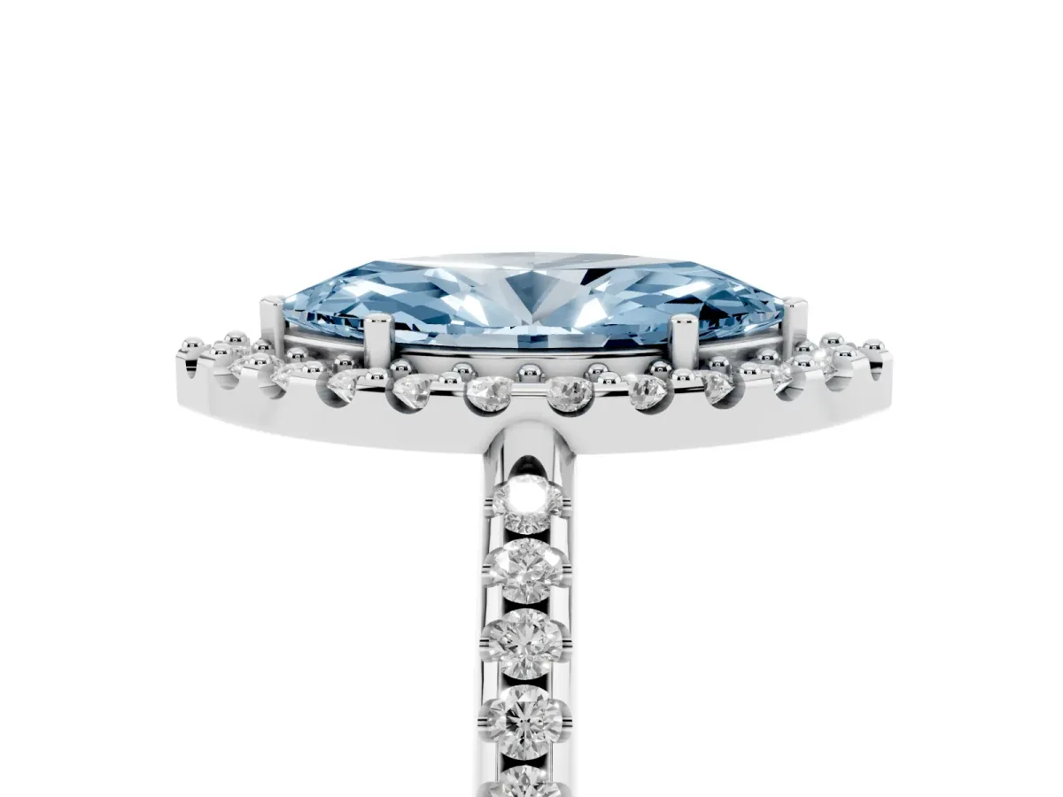 Fancy Blue Marquise Cut Diamond Pavé Halo Ring with Four-Prong Setting Silver